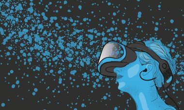 Sanal gerçeklik göstericisi, simülatör aygıtı, vektör illüstrasyonu olan oyuncu.