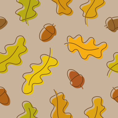 Decorative background with oak plant parts, seamless pattern.