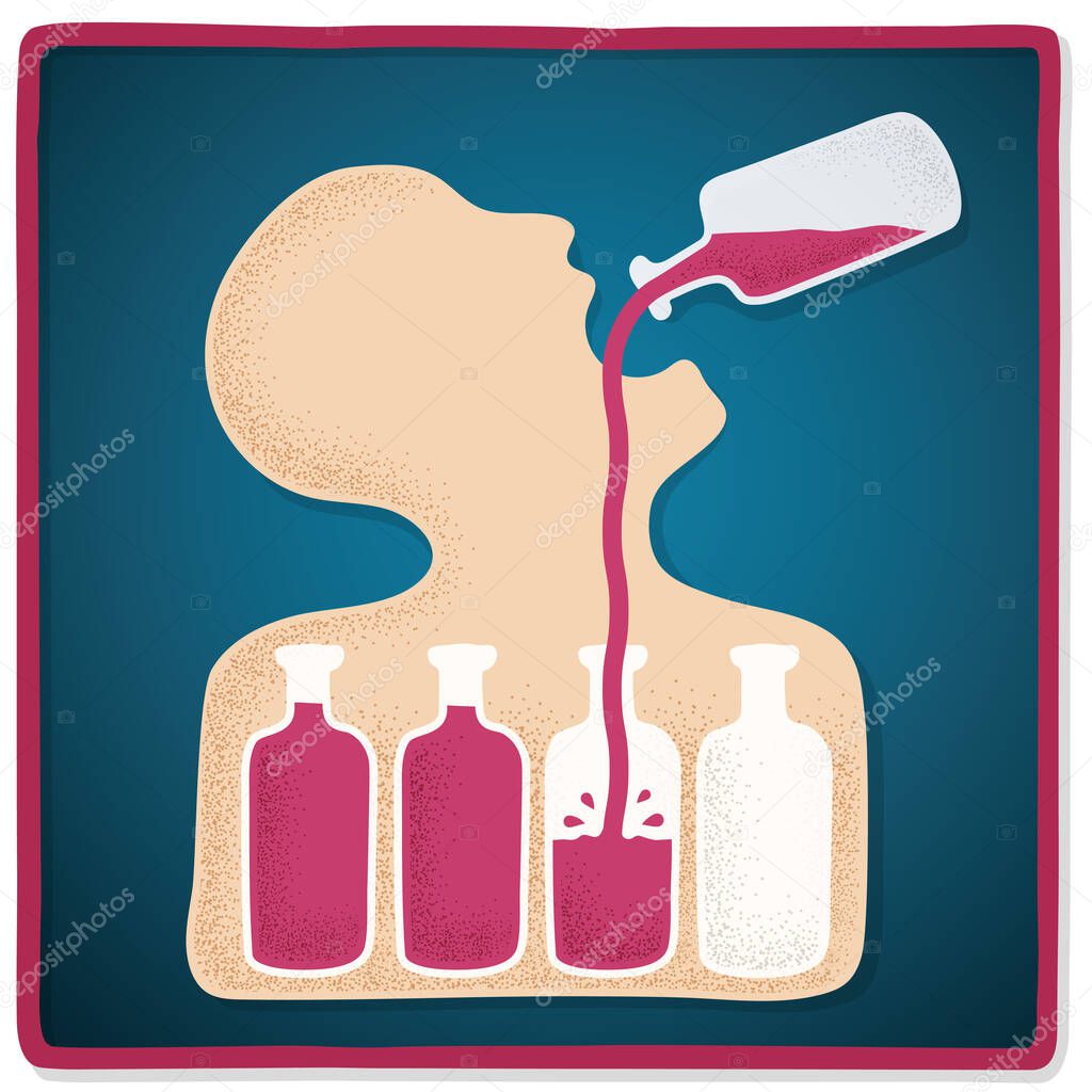 Person drinking alcohol, addiction problems, freehand drawing, vector illustration.