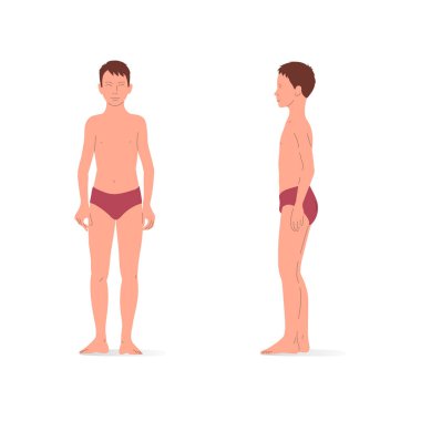 Young boy, full body of a boy, front and side view. Isometric vector illustration of a standing person and a walking person.