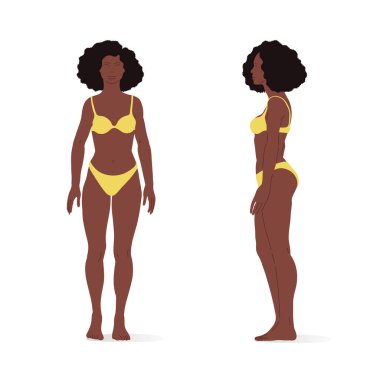 Young black woman, full body of a woman, front and side views. Isometric vector illustration of a person standing still and a person walking.
