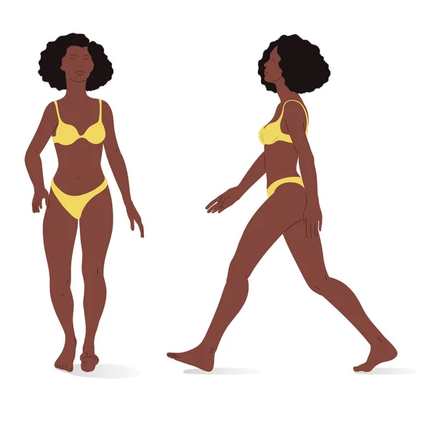Young Black Woman Full Body Woman Front Side Views Isometric — Vector de stock