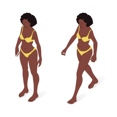 Woman of African ethnic origin, standing and walking, isometric view, full body. Isometric vector illustration.