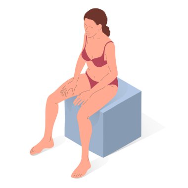 Young caucasian woman sitting, body of a woman. Isometric vector illustration of a sitting person.
