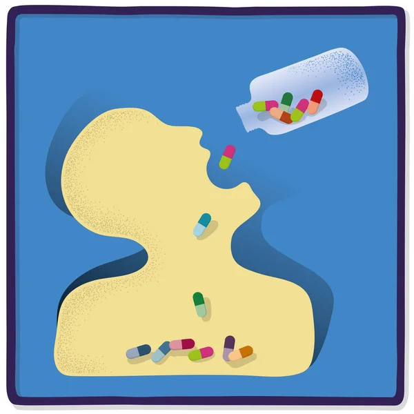 Geneesmiddelenmisbruik Schematische Illustratie Van Menselijke Figuur Die Teveel Pillen Slikt — Stockvector