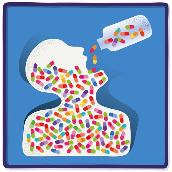 Geneesmiddelenmisbruik Schematische Illustratie Van Menselijke Figuur Die Teveel Pillen Slikt — Stockvector