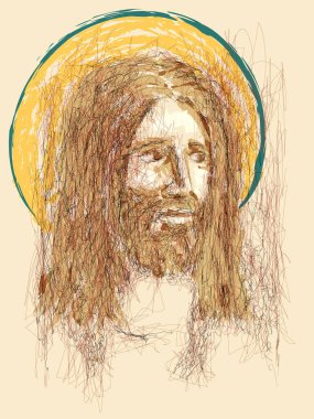 Imaginary face of Jesus Christ, Catholic and Orthodox Christian religion, vector sketch illustration.