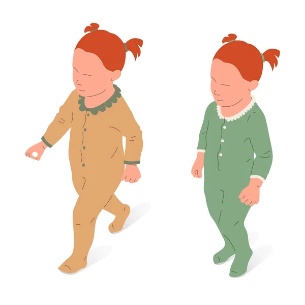 Little Girl Caucasian Ethnicity Standing Walking Isometric View Full Body — Stock Vector