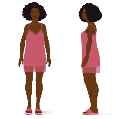 İç çamaşırlı genç afro kadın, kadın vücudu. Ayakta duran bir kişinin iztrik vektör illüstrasyonu.