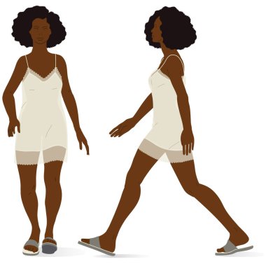İç çamaşırlı genç afro kadın, kadın vücudu. Ayakta duran bir kişinin iztrik vektör illüstrasyonu.