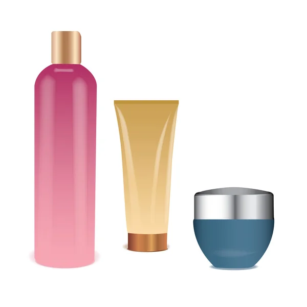 Set de tres botellas cosméticas — Vector de stock