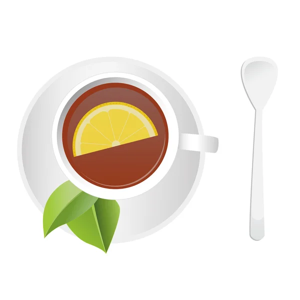 Cup of tea and spoon. Top view — Stock Vector