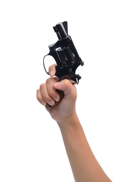 Mão segurar revólver arma isolada em fundo branco — Fotografia de Stock