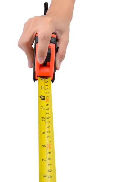 Vrouw hand maatregel van een cartridge-meter geïsoleerd op witte backgr — Stockfoto