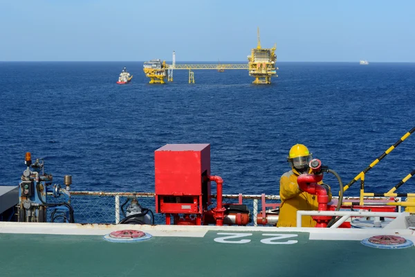 Fireman is guarding for offshore helicopter before start up engi — Stock Photo, Image