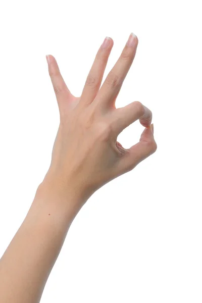 Mulher mão OK sinal isolado no fundo branco — Fotografia de Stock
