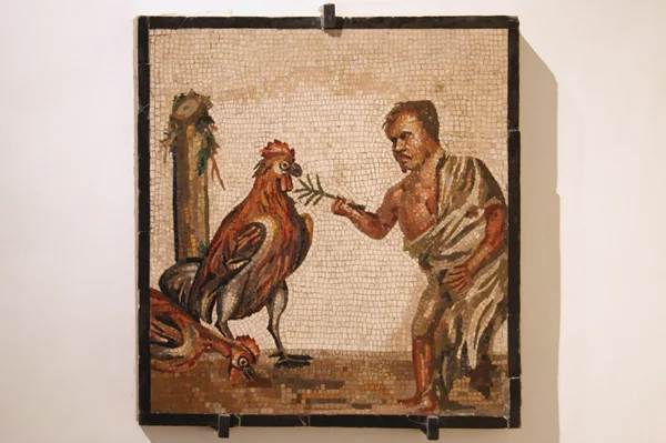 Mosaic with a farmer and two cocks — Stock Photo, Image