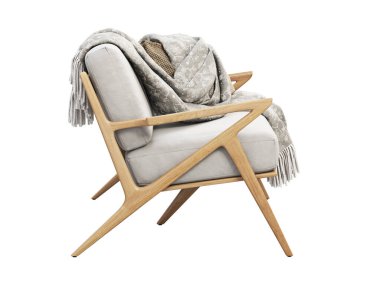 Yüzyıl ortası bej kumaş döşeme koltuğu, aksan yastığı ve ekoseli. Beyaz arka planda ahşap koltuklar. Yüzyılın ortalarında, modern, İskandinav iç mimarisi. 3d hazırlayıcı