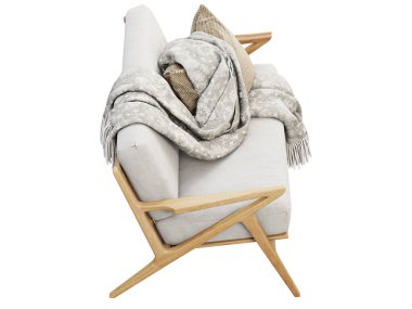 Yüzyıl ortası bej kumaş döşeme koltuğu, aksan yastığı ve ekoseli. Beyaz arka planda ahşap koltuklar. Yüzyılın ortalarında, modern, İskandinav iç mimarisi. 3d hazırlayıcı