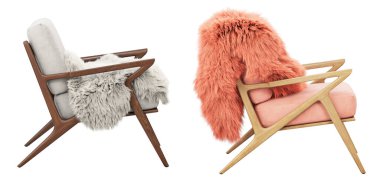 Yüzyıl ortası pembe ve beyaz kumaş döşeme, kürk ekoseli daire koltuğu. Beyaz arka planda tahta taban sandalye. Yüzyılın ortalarında, modern, İskandinav iç mimarisi. 3d hazırlayıcı