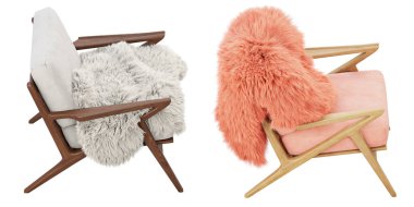 Yüzyıl ortası pembe ve beyaz kumaş döşeme, kürk ekoseli daire koltuğu. Beyaz arka planda tahta taban sandalye. Yüzyılın ortalarında, modern, İskandinav iç mimarisi. 3d hazırlayıcı