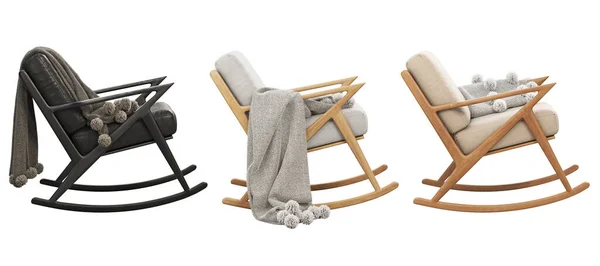 世纪中叶的皮革和面料装饰摇椅与立体布 白色背景的木制底座 世纪中叶 现代斯堪的纳维亚内陆 3D渲染 — 图库照片