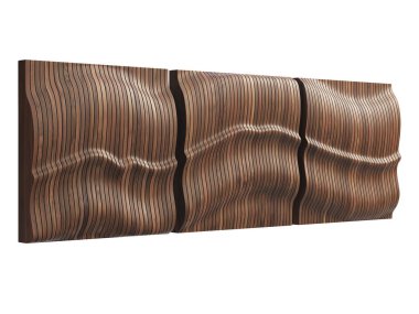 Modern parametrik ahşap duvar panelleri. Beyaz arka planda üç panel duvar resmi. Yüzyılın ortalarında, modern, İskandinav iç mimarisi. 3d hazırlayıcı