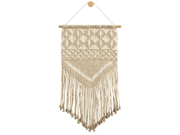 Parede Tecido Natural Pendurado Macrame Artesanal Fundo Branco Meio Século — Fotografia de Stock