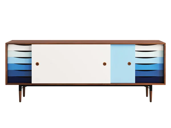 Mid Century Style Media Console Retractable Shelves Sideboard Blue Doors — Stock Photo, Image
