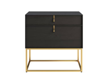 Modern komodin, şık siyah ahşap çerçeve, yüzen pirinç taban ve iki ferah çekmece. Yüzyılın ortalarında, çatı katı, Chalet, İskandinav iç mimarisi. 3d hazırlayıcı