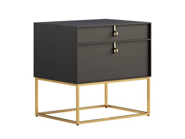 Modern komodin, şık siyah ahşap çerçeve, yüzen pirinç taban ve iki ferah çekmece. Yüzyılın ortalarında, çatı katı, Chalet, İskandinav iç mimarisi. 3d hazırlayıcı