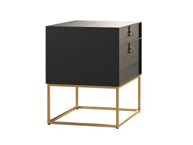 Modern komodin, şık siyah ahşap çerçeve, yüzen pirinç taban ve iki ferah çekmece. Yüzyılın ortalarında, çatı katı, Chalet, İskandinav iç mimarisi. 3d hazırlayıcı