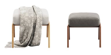 Beyaz arka planda tahta bacakları olan Danimarka-modern kumaş döşeme sedyesi. Ekoseli beyaz ve gri tekstil ayaklıkları. Modern, Loft, İskandinav iç mimarisi. 3d hazırlayıcı