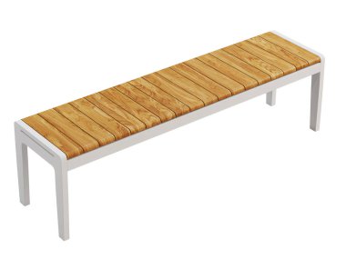 Beyaz arka planda tahta kaplamalı modern tarz bir tezgah. Tahta koltuklu beyaz metal bank. Modern, Loft, İskandinav iç mimarisi. 3d hazırlayıcı