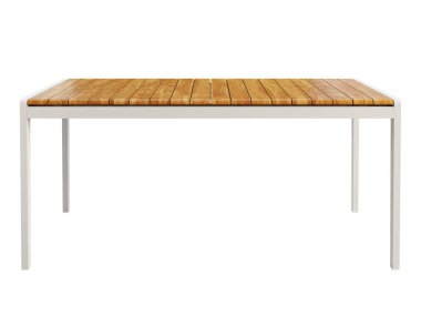 Beyaz arka planda tahta kaplamalı modern tarz bir açık hava masası. Ahşap tezgahlı beyaz metal yemek masası. Modern, Loft, İskandinav iç mimarisi. 3d hazırlayıcı