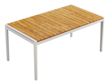 Beyaz arka planda tahta kaplamalı modern tarz bir açık hava masası. Ahşap tezgahlı beyaz metal yemek masası. Modern, Loft, İskandinav iç mimarisi. 3d hazırlayıcı