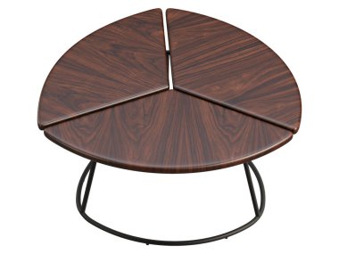 Yüzyılın ortalarında, üzerinde üçgen paneller ve beyaz arka planda siyah metal çerçeve olan kahve masası. Modern, Loft, İskandinav iç mimarisi. 3d hazırlayıcı