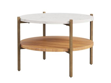 Pirinç metal tabanlı, mermer kaplı ve beyaz arka planda ahşap raflı modern tarz kahve masası. Yuvarlak kahve masası. Modern, Loft, İskandinav iç mimarisi. 3d hazırlayıcı