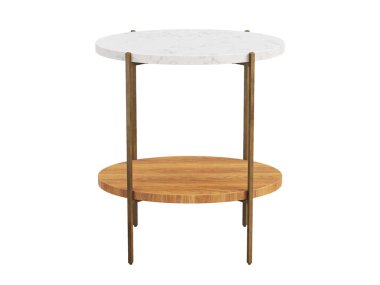 Pirinç metal tabanlı modern tarz sehpa, mermer kaplama ve beyaz arka planda ahşap raf. Oval kahve masası. Modern, Loft, İskandinav iç mimarisi. 3d hazırlayıcı