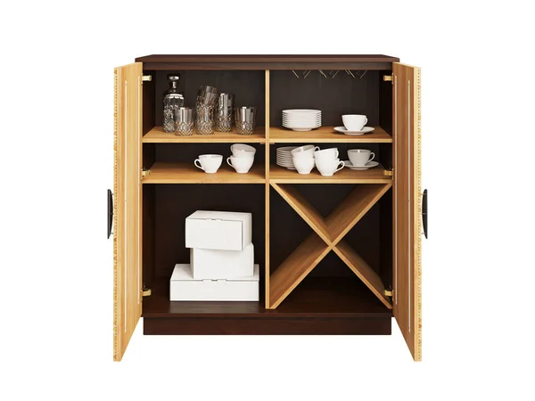 Modern bar cabinet with natural woven cane doors and modern circular handle pulls on white background. Mid-century, Loft, Chalet, Scandinavian interior. 3d render