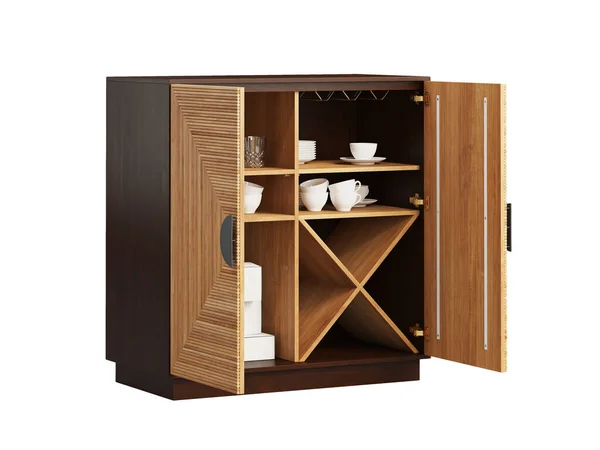 Modern bar cabinet with natural woven cane doors and modern circular handle pulls on white background. Mid-century, Loft, Chalet, Scandinavian interior. 3d render