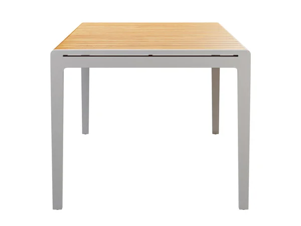 现代风格的户外餐桌 顶部白色背景的板条柚木 白色金属餐桌 木制台面 斯堪的纳维亚内部 3D渲染 — 图库照片