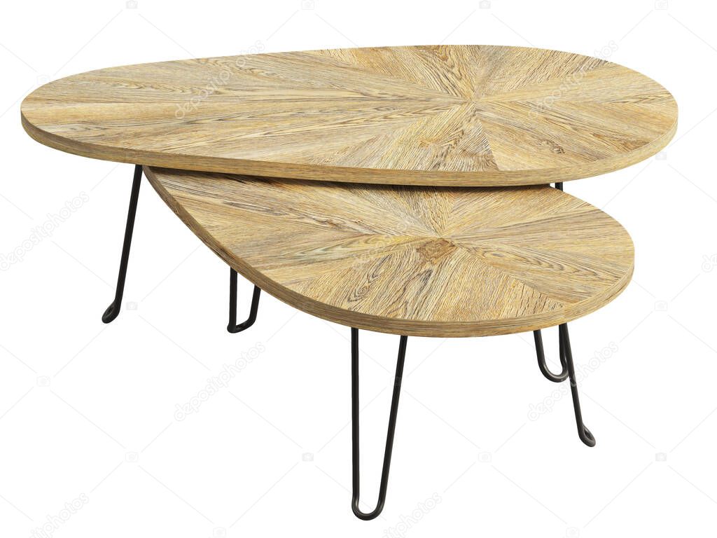 Modern style different sized nesting tables with metal base and wooden top on white background. Modern, Loft, Scandinavian interior. 3d render