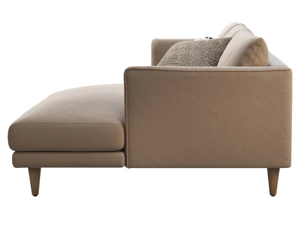 用躺椅装饰的粉红褐色面料沙发 有白色背景枕头的面料室内装潢墙角沙发 世纪中叶 查莱特 斯堪的纳维亚内陆 3D渲染 — 图库照片