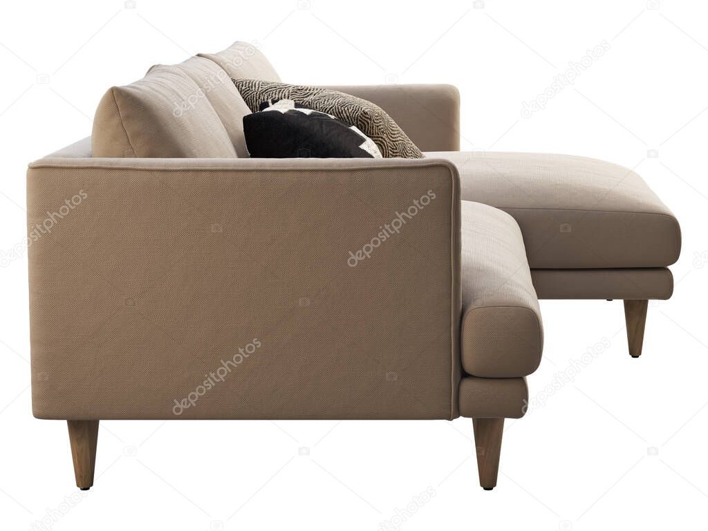 Chalet brown fabric upholstery sofa with chaise lounge. Fabric upholstery corner sofa with pillows on white background. Mid-century, Chalet, Scandinavian interior. 3d render