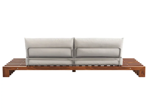 Modern Three Seat Outdoor Sofa Wooden Base White Fabric Upholstery — Stock Photo, Image