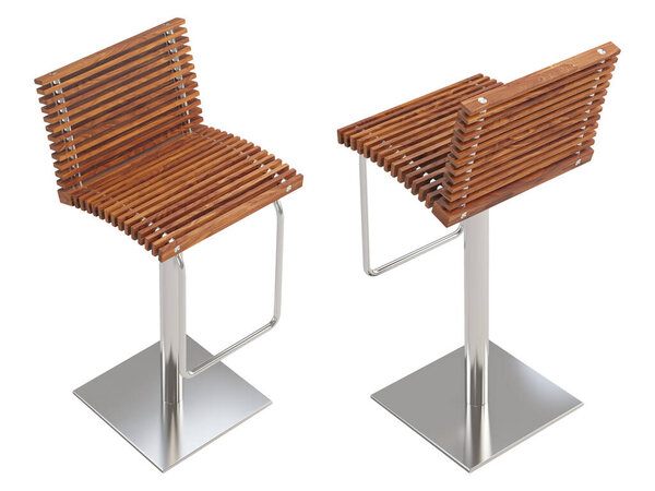 Modern bar stool with wood slats and steel spacers on white background. Chromium base and footrest. Mid-century, Chalet, Scandinavian. 3d render