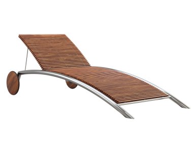 Ahşap çatalları ve beyaz arka planda çelik tüp tabanlı modern güneş şezlongu. Yüzyılın ortalarında, Chalet, İskandinav. 3d hazırlayıcı