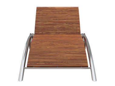 Ahşap çatalları ve beyaz arka planda çelik tüp tabanlı modern güneş şezlongu. Yüzyılın ortalarında, Chalet, İskandinav. 3d hazırlayıcı