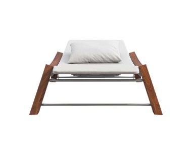 Kumaş döşemeli modern şezlong ve beyaz arka planda ahşap tabanlı. Ayarlanabilir sırt desteği ve yastıklı bir şezlong. Yüzyılın ortalarında, Chalet, İskandinav. 3d hazırlayıcı